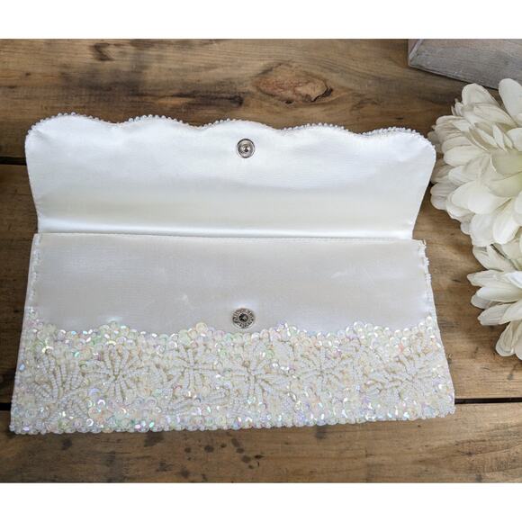 Vintage 60s Seed Bead & Sequin Ivory Floral Satin Clutch Evening Bag Hong Kong - Picture 3 of 10